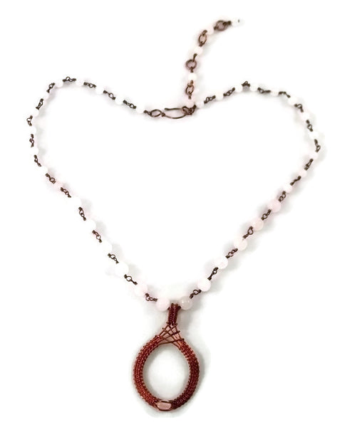 oxidized raw copper cutout drop necklace with rose quartz