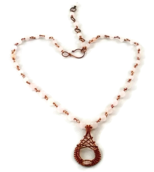 oxidized raw copper mini cutout drop necklace with rose quartz