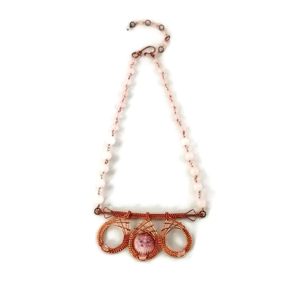 oxidized raw copper mini shell drop bar statement necklace with rose quartz