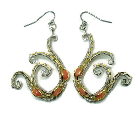 Mini Scroll Earrings with Pink Coral