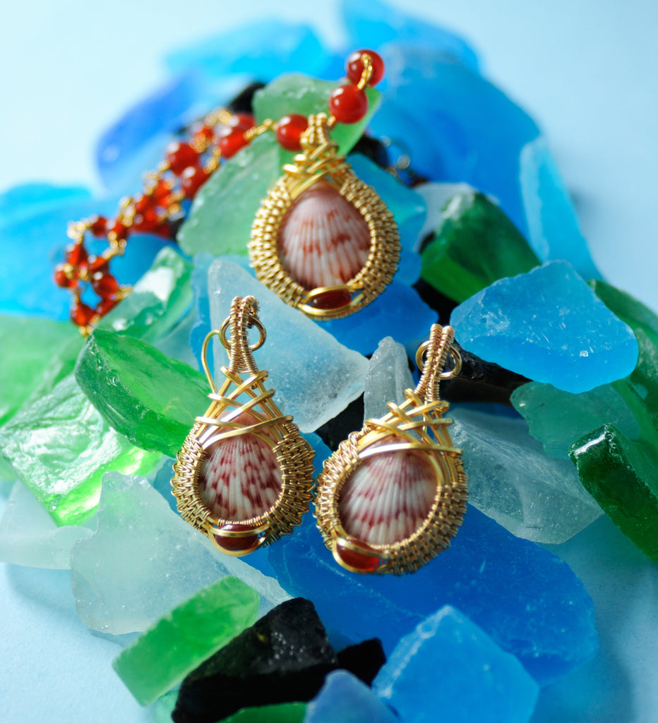 Mini Shell Drop Earrings and Necklace in 14kt Gold Fill with Carnelian