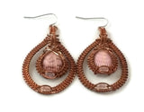 oxidized raw copper double drop earrings with rose quartz
