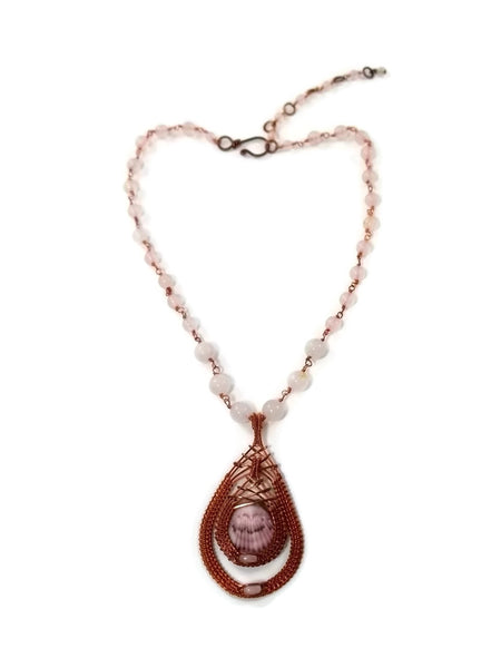 oxidized raw copper double drop necklace with rose quartz