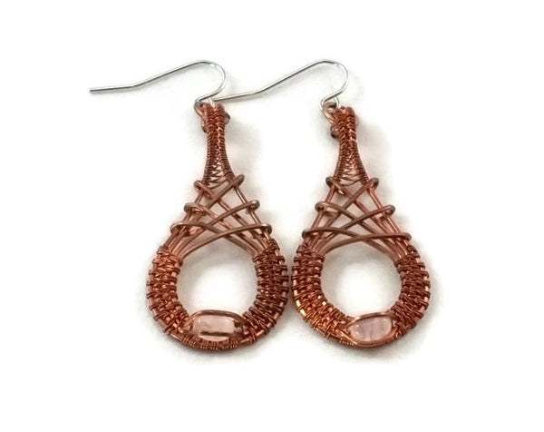 oxidized raw copper mini cutout drop earrings with rose quartz