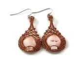 oxidized raw copper mini shell drop earrings with rose quartz