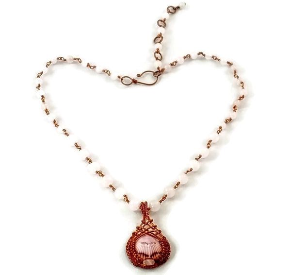 oxidized raw copper mini shell drop necklace with rose quartz