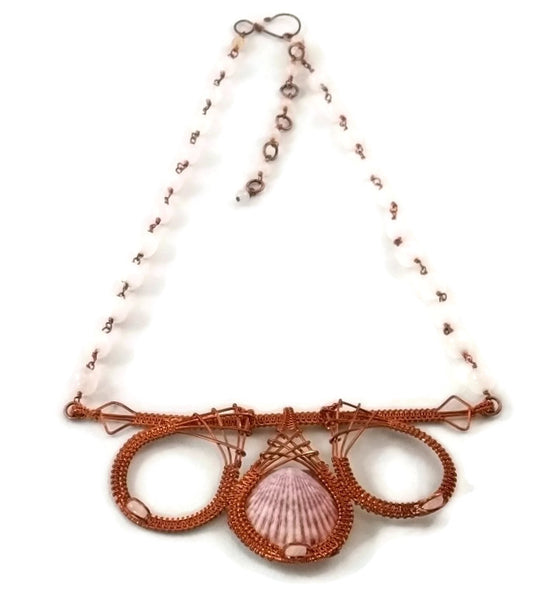 oxidized raw copper shell drop bar statement necklace with rose quartz