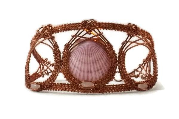 oxidized raw copper shell drop cuff bracelet with rose quartz