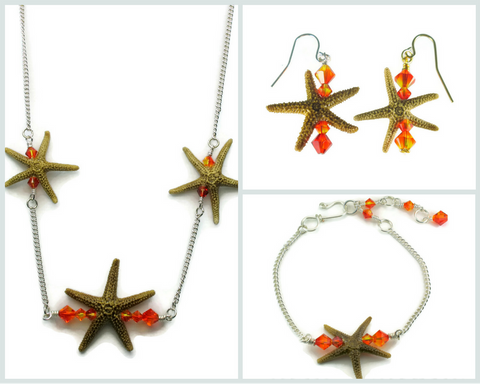 Silver Single Starfish Bar Earring, Necklace & Bracelet Set