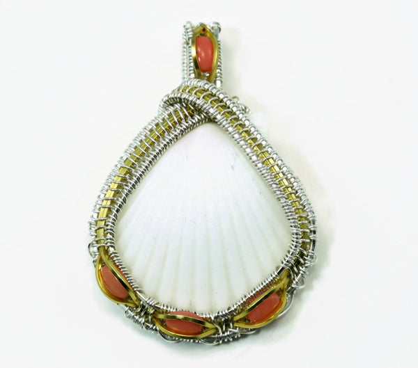 Medium Scallop Pendant with Pink Coral