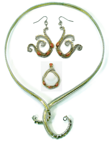 Neckwire with Small Coral Pendant & Coral Mini Scroll Earrings Gift Set
