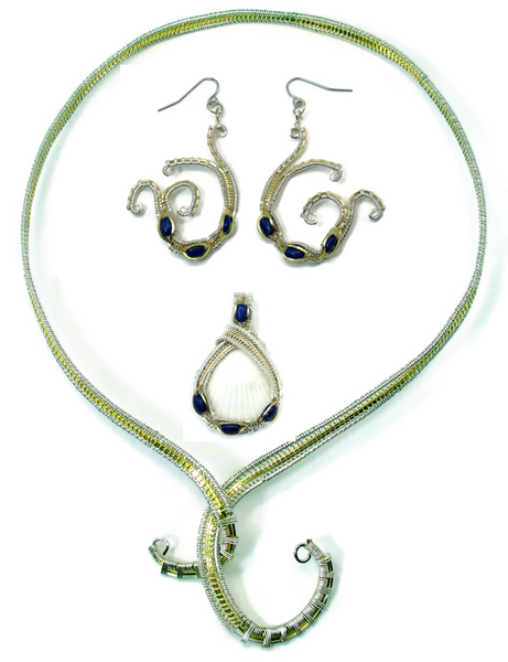 Neckwire with Small Lapis Pendant & Lapis Mini Scroll Earrings Gift Set
