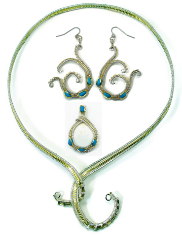 Neckwire with Small Turquoise Pendant & Turquoise Mini Scroll Earrings Gift Set