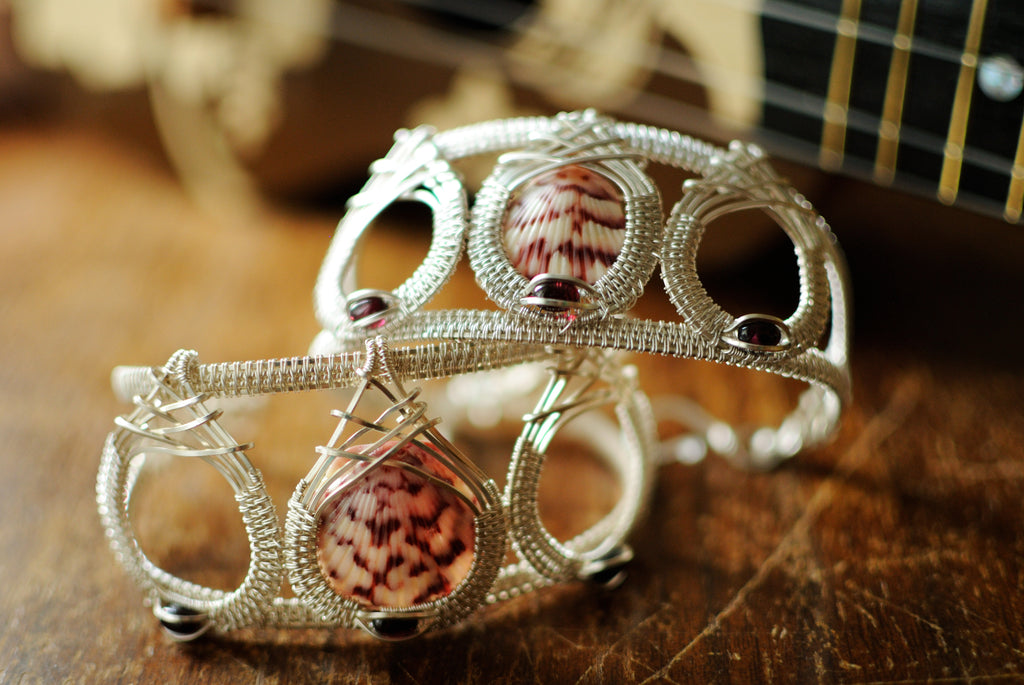 Shell Drop Cuff Bracelets in Argentium Sterling Silver with Garnet